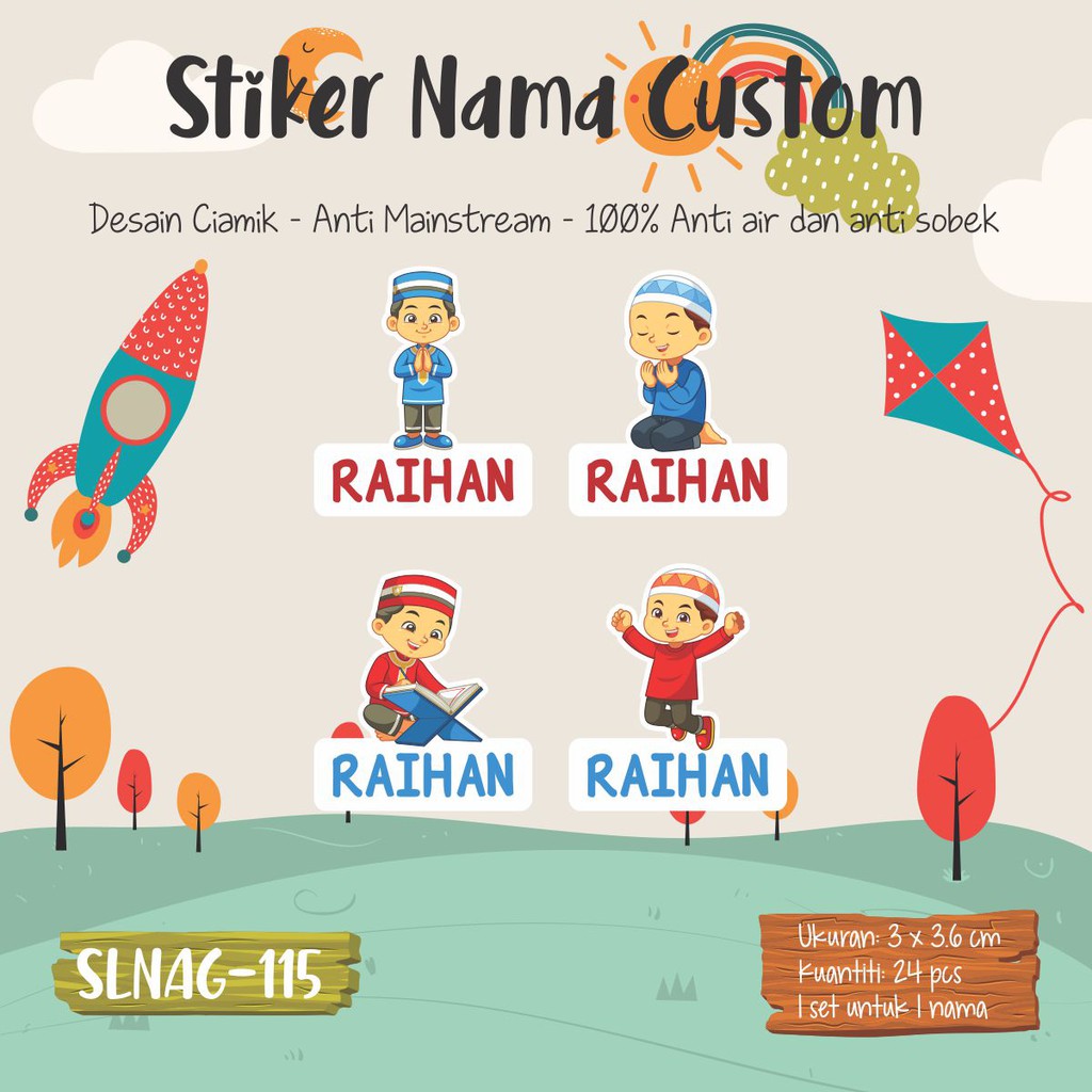 SLNAG 115 Sticker Label Nama Anak Kartun Muslim Karakter Anak