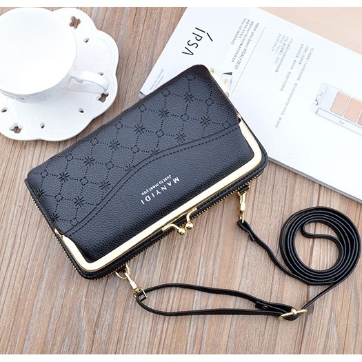 DOMPET HP SELEMPANG WANITA TALI PANJANG IMPORT PESTA KULIT HITAM EIGEN WA257B5 SLING BATAM KOREA ORI