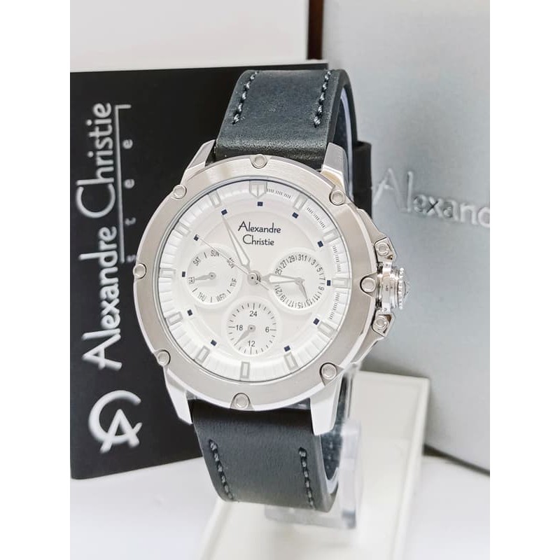 ALEXANDRE CHRISTIE WATCH AC 6416 WANITA SILVER WHITE LEATHER BLACK ORI