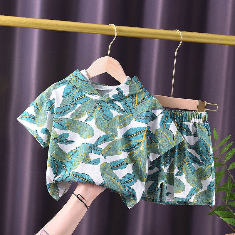 12.12 SALES!2Pcs Setelan Anak Laki-Laki Blus Sablon Bunga Lengan Pendek Modis Dengan Topi + Celana Pendek Set Pakaian