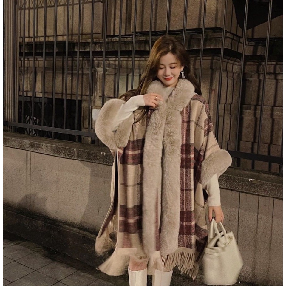 IMPORT MOCHI WOMAN WINTER CAPE WITH FUR CHECKED WOOLEN PONCHO JAKET WANITA BULU WOL MUSIM DINGIN KOREAN JAPAN STYLE