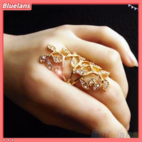 Bluelans Cincin Knuckle Desain Daun Hollow Hias Berlian Imitasi Untuk Wanita