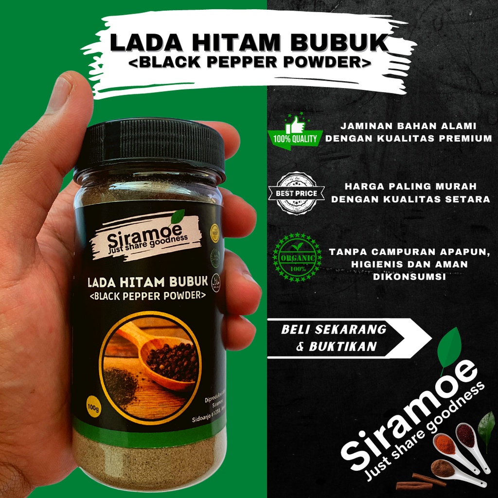 

Siramoe - Lada Hitam Bubuk Merica Grinder Halus Botol 100 gr Murni Black Pepper Powder Tanpa Campuran Kualitas Premium Bumbu Masak Dapur Asli Herbal Jurus Sehat Rasulullah Jsr Rasa Rempah Nusantara