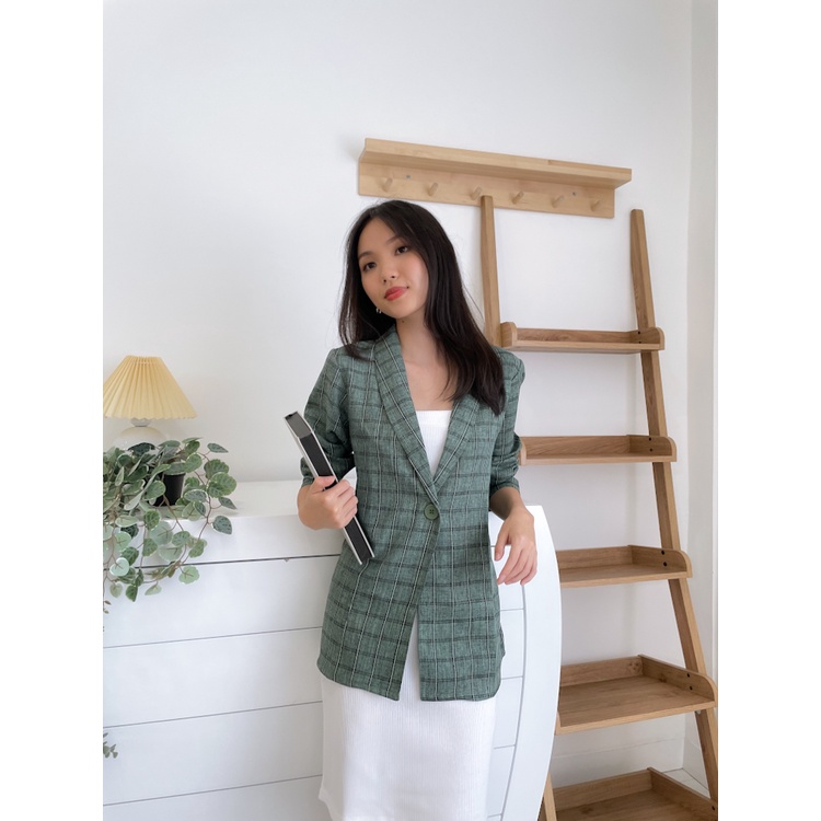 Kadaka O-0177 Blazer Kancing Wanita Rapi Kotak-Kotak Plaid