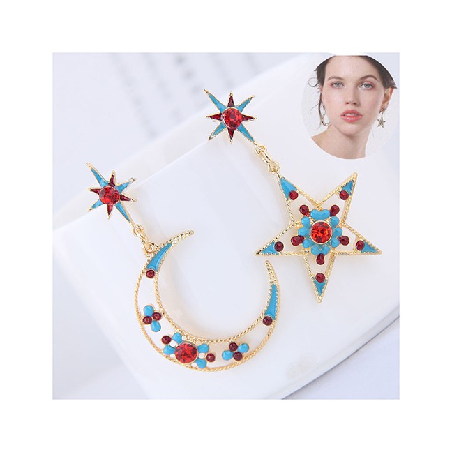 LRC Anting Tusuk Fashion Color Metallic Diamond Star And Moon Asymmetrical Earrings A57217