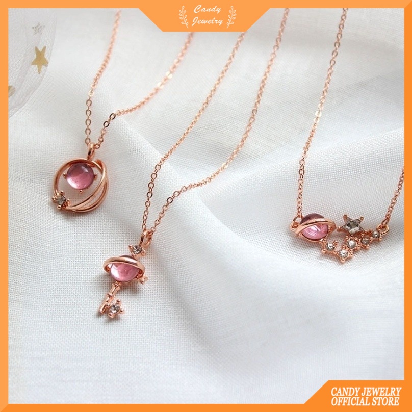 Kalung Rantai Dengan Liontin Kaca Motif Langit Berbintang Warna Pink