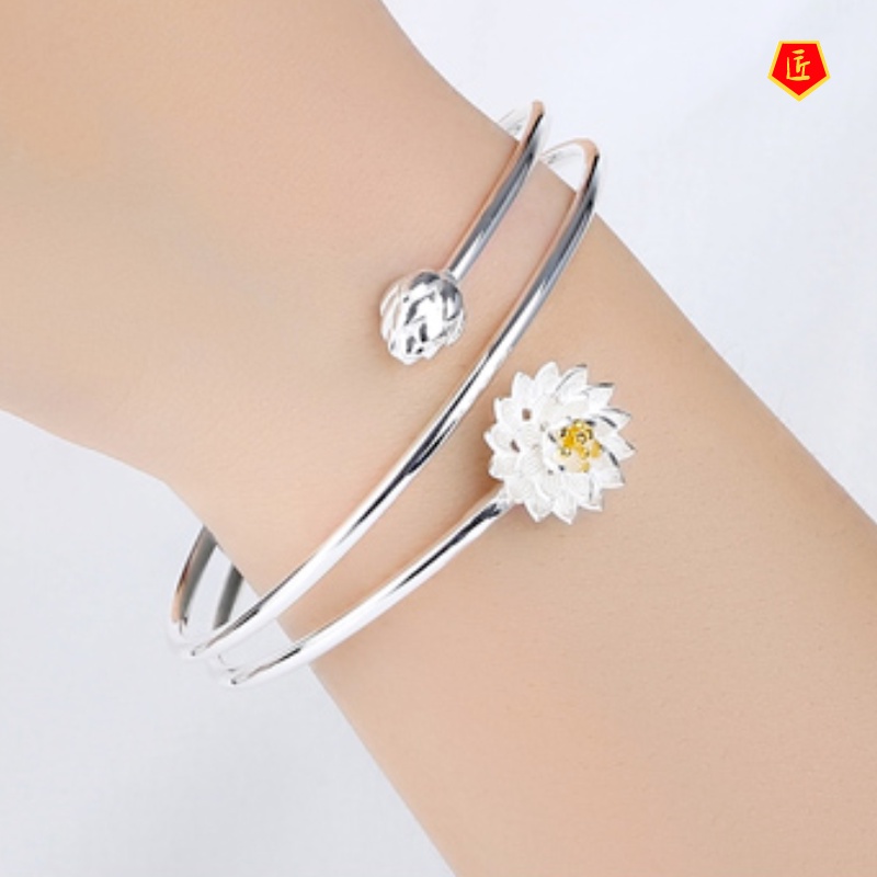 [Ready Stock]Elegant Lotus Silver Rotating Open Bracelet