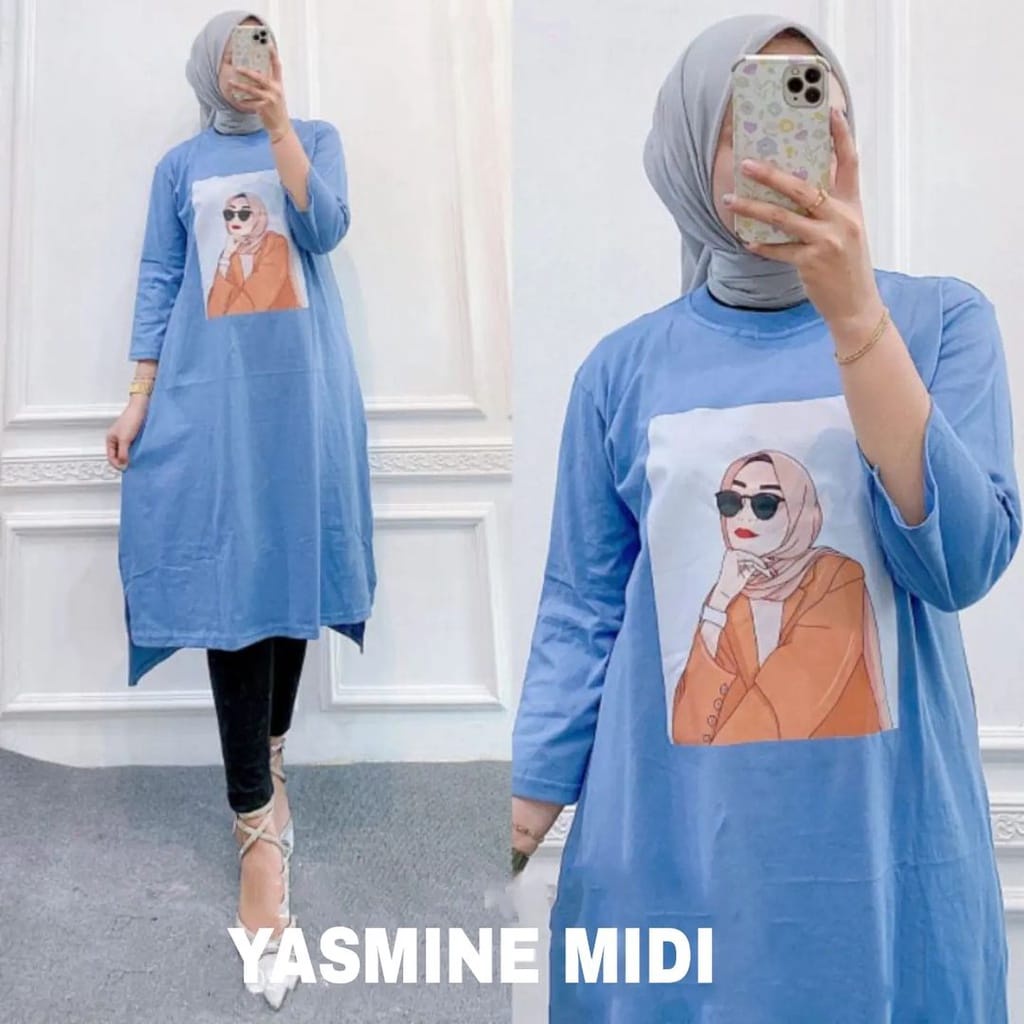 Dress Wanita Terbaru Yasmine Midi Matt Combed 24s Aksen Sablon Midi Dress Jumbo Ootd Kekinian Korean Style Gamis Cewek Dewasa