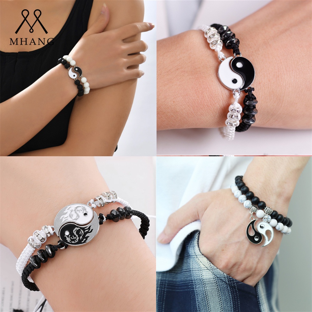 Gelang Tali Tenun Tangan Manik-Manik Obsidian Yin Yang Tai Chi Gaya Etnik Vintage Untuk Pasangan