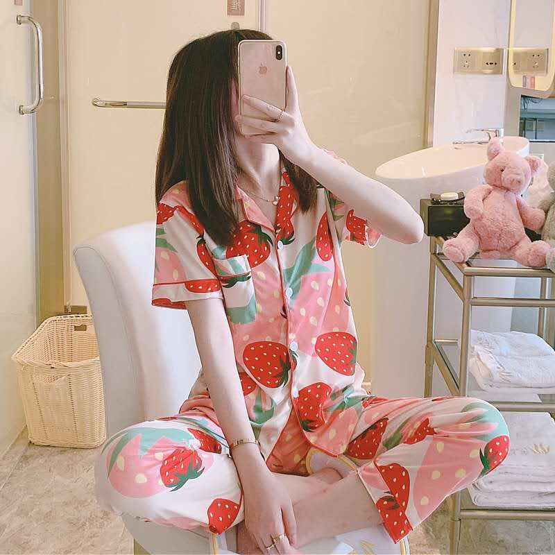 BAJU TIDUR PIYAMA SET KEMEJA CP LENGAN PENDEK CELANA PANJANG IMPORT PREMIUM BANYAK MOTIF PART 2-Big Strawberry