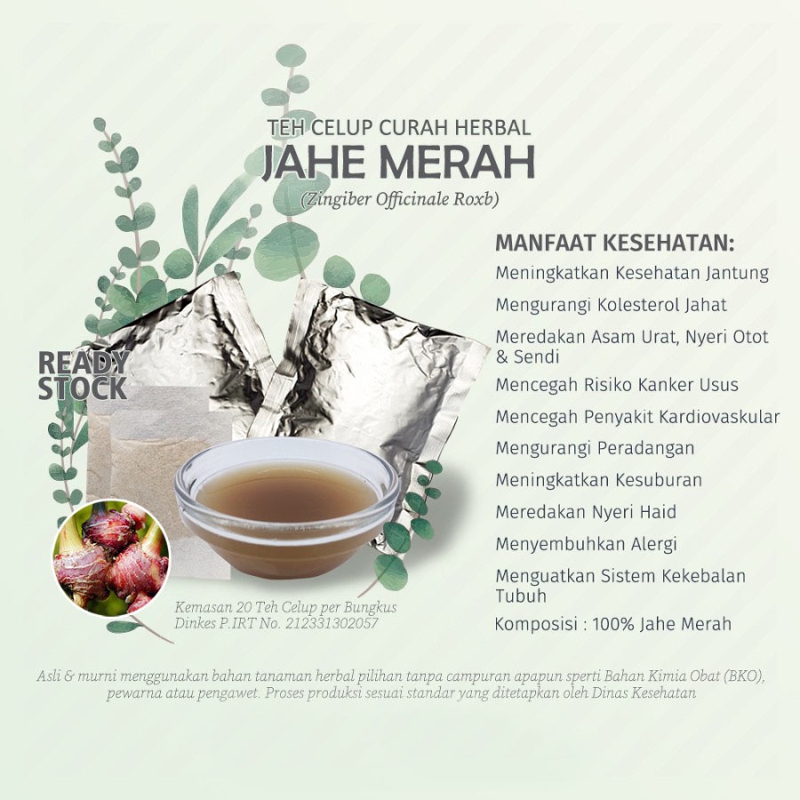 

Teh Celup Herbal JAHE MERAH (Zingiber Officinale Roxb, Ginger) untukl Anti Aging, Imunitas dan Migrain