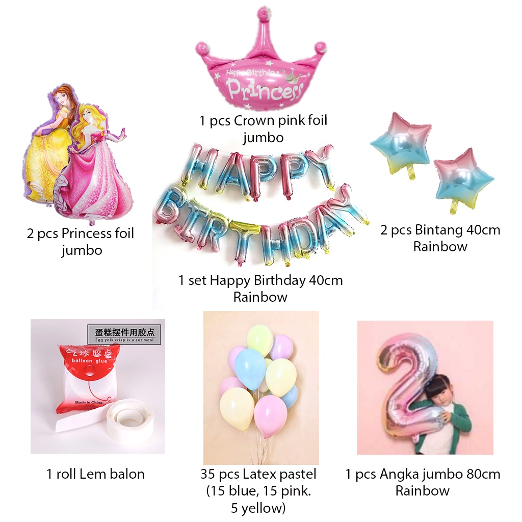 [PAKET] Kids BIRTHDAY Set RAINBOW PRINCESS Dekorasi Backdrop Ulang Tahun Anak