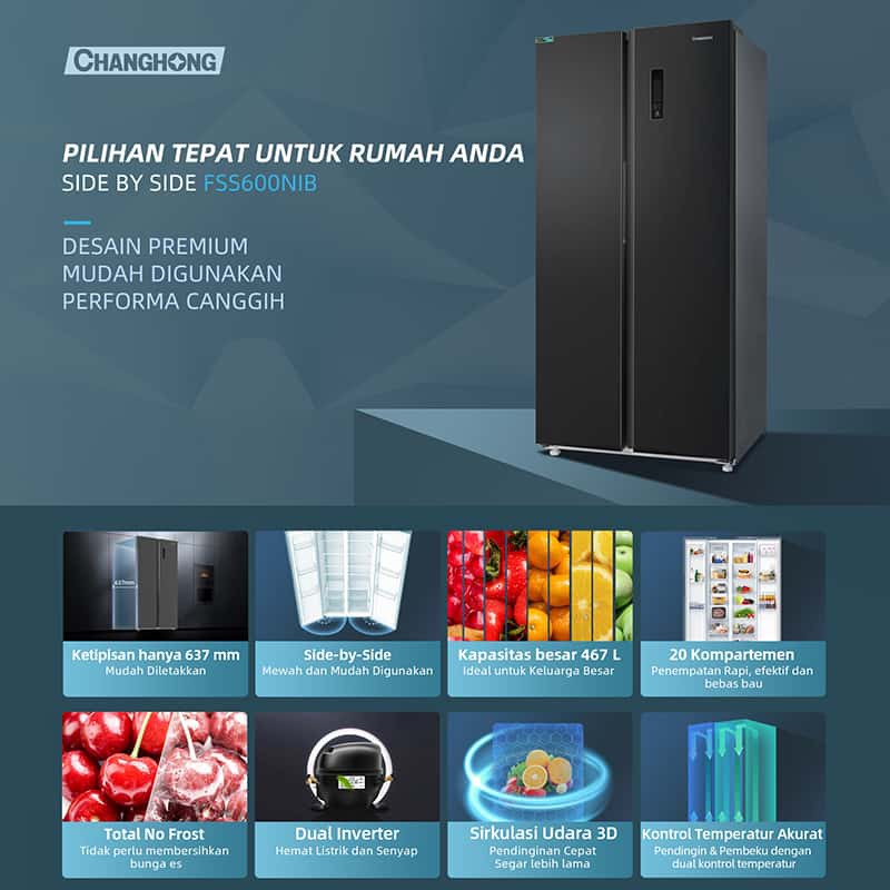 CHANGHONG Kulkas 2 Pintu Side by Side  FSS600NIB [467 L] ( Kulkas Inverter) (Kulkas Anti Bunga Es) ( Kulkas Big Capacity) (Triple Sistem Pendinginan) (Teknologi LECO Anti Bakteri dan Bau) (Triple Sistem Pendinginan ) (Satu Tombol Kontrol Pintar)