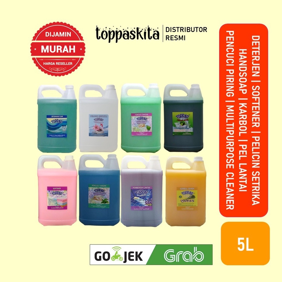 Toppas Sabun Cuci Piring / Cuci Tangan / Pembersih Lantai / Karbol / Softener / Multipurpose Cleaner / Pelicin Setrika  / Deterjen Cair 5liter (Gojek/Grab)