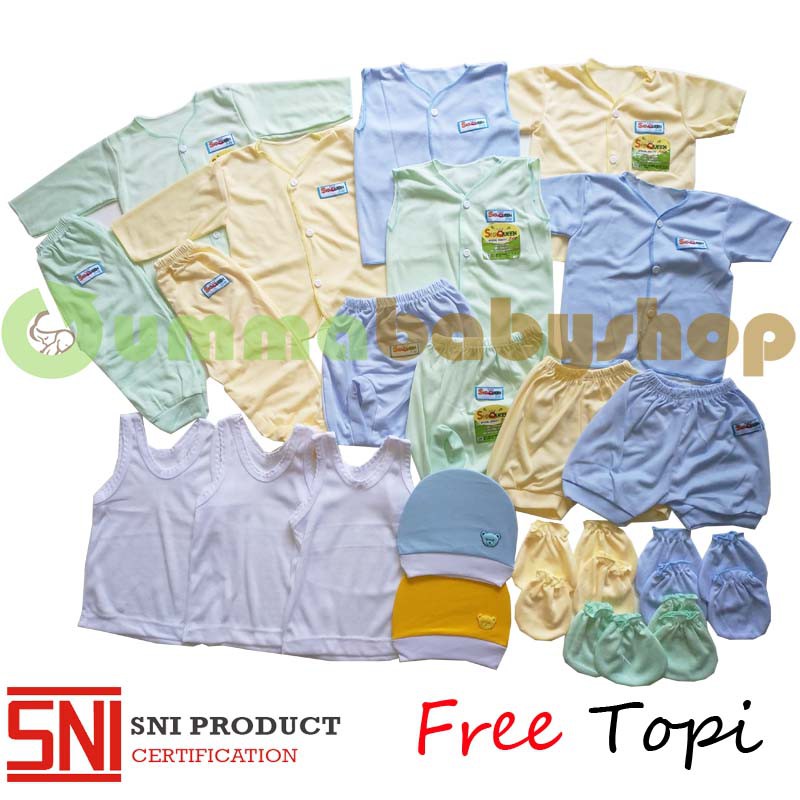 Perlengkapan Bayi Baru Lahir SQ Warna SNI Setelan Bayi Baju Celana Pop Singlet Sarung Tangan Topi