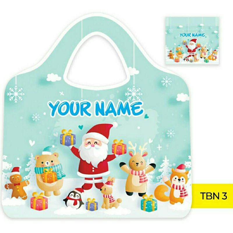 Tas belanja lipat custom nama motif Christmas 1 hampers bingkisan kado Natal