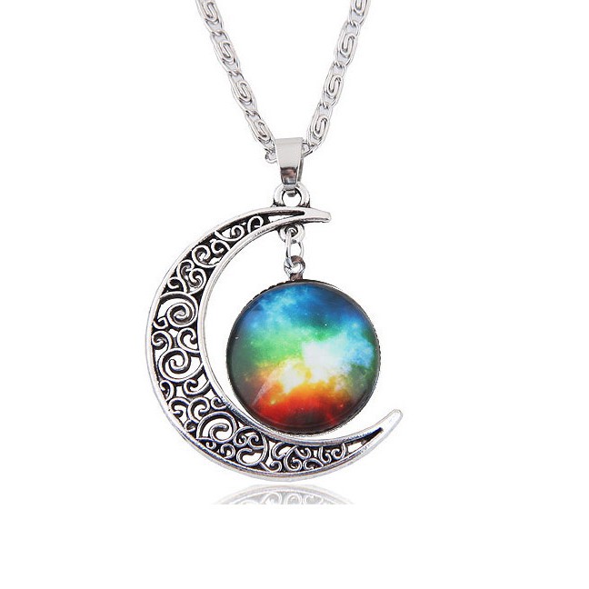 LRC Kalung Vintage Multi-color Moon Shape Decorated Hollow Out Design Simple Necklace A49059