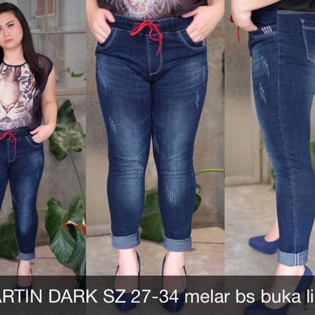 Celana Jeans Wanita Martin Darkblue Stretch Skinny Ripped Big Size Melar