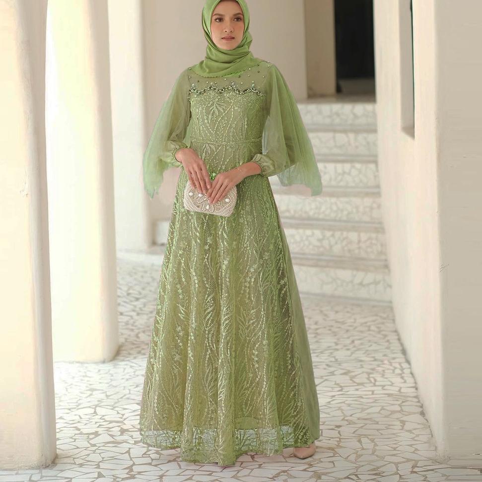 PRODUK- MAXI DRESS MELA GAMIS BRUKAT MODERN - OUTFIT KONDANGAN KEKINIAN - GAMIS BROKAT TULLE PREMIUM