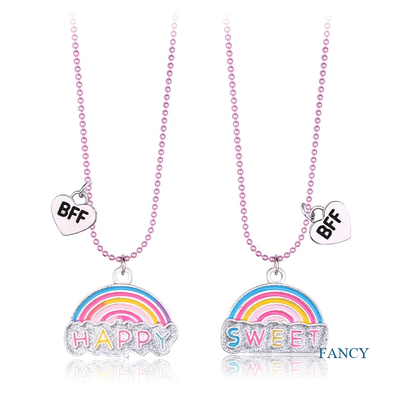 2pcs / Set Kalung Rantai Liontin Tulisan Happy Best Friends Warna Pelangi Untuk Anak Perempuan