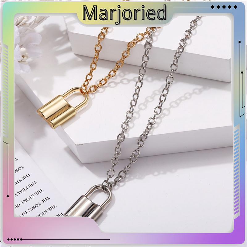 Kalung Rantai Emas Liontin Gembok Rantai Stainless Steel Warna Silver Gaya Boho Untuk Wanita-MJD