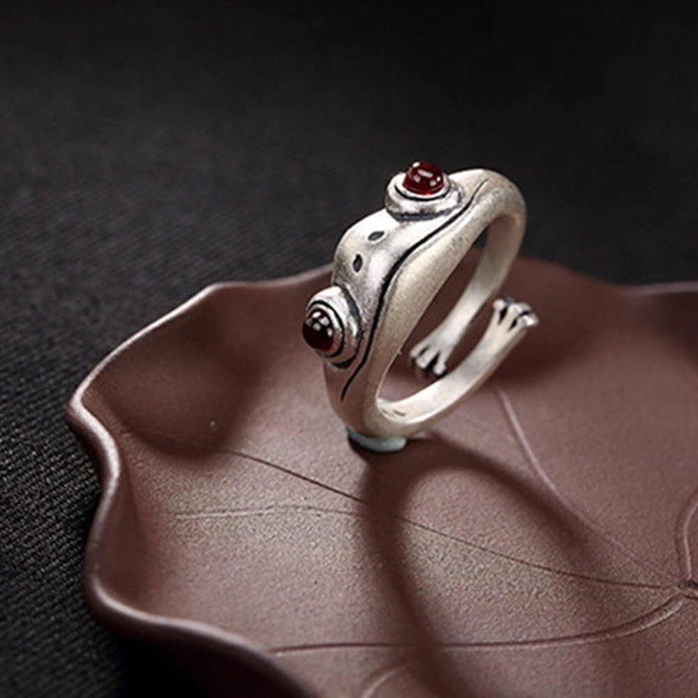 Cincin Jari Model Terbuka Desain Katak Artistik Warna Silver Gaya Bohemian Retro Untuk Unisex