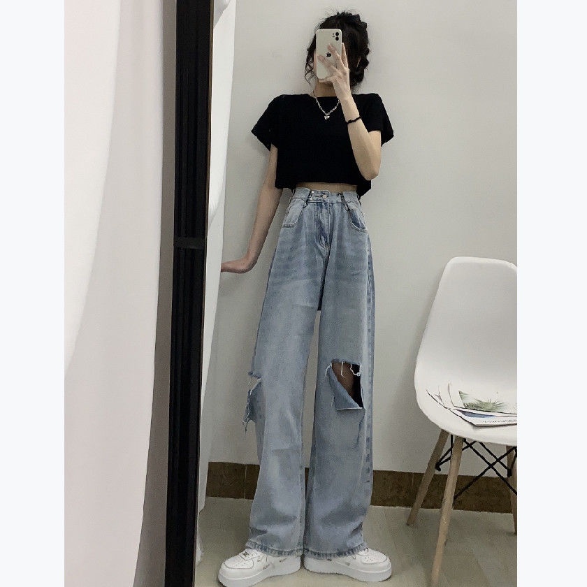 Korean New Women's Loose High Waist Wide Leg pengait celana jeans