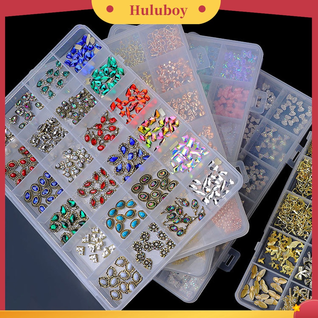 Huluboy Huluboy♡ 24 Grids / Box Berlian Imitasi Glitter Warna-Warni Untuk Dekorasi Nail Art