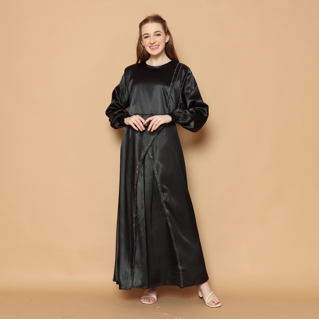 GAMIS KONDANGAN MUSLIMAH WARNA HITAM . GAMIS SATIN CRYSTAL MURAH, GAMIS PESTA MEWAH