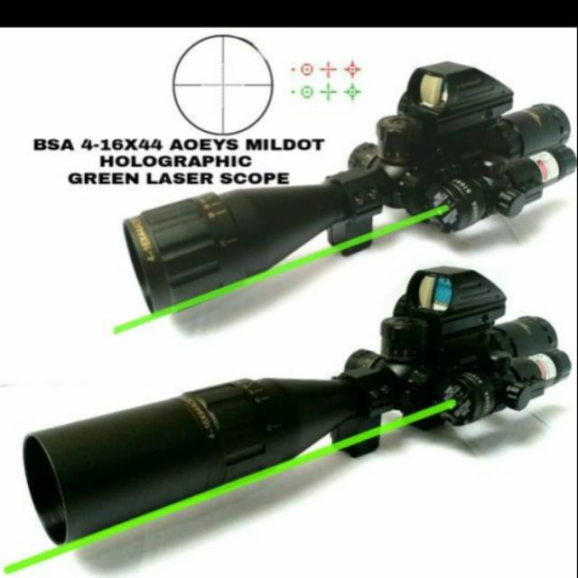 Riflescope BSA 4-16x44 MilDot Holographic Green Laser Scope