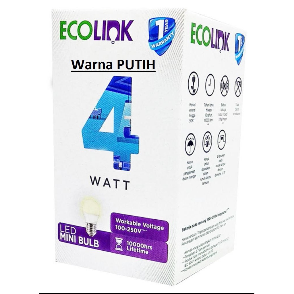 Lampu Bohlam LED Bulb 4 Watt 4Watt 4W 4 W Putih Cool Daylight ECOLINK