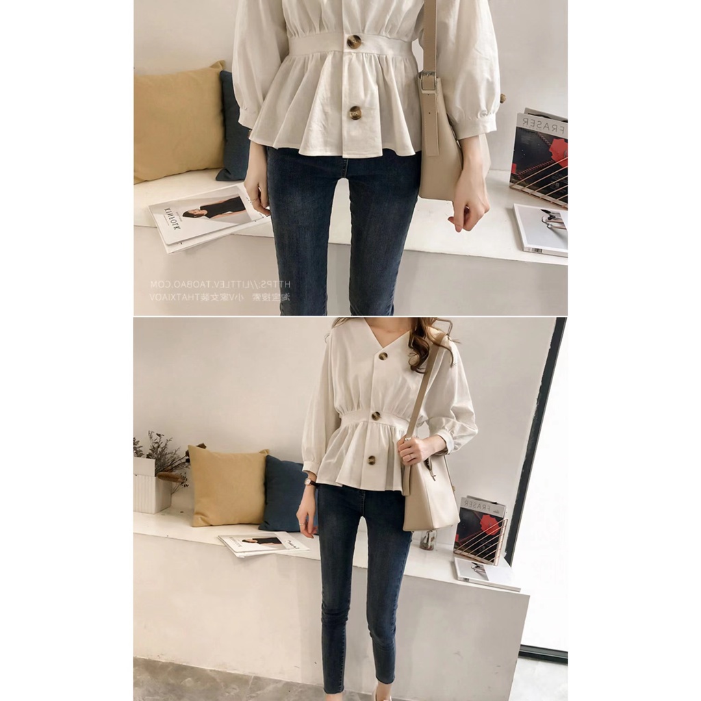 SALES! M-4XL Elegant Blus Wanita Button Kasual Lengan Panjang Korset Slim Fit Fashion Pakaian