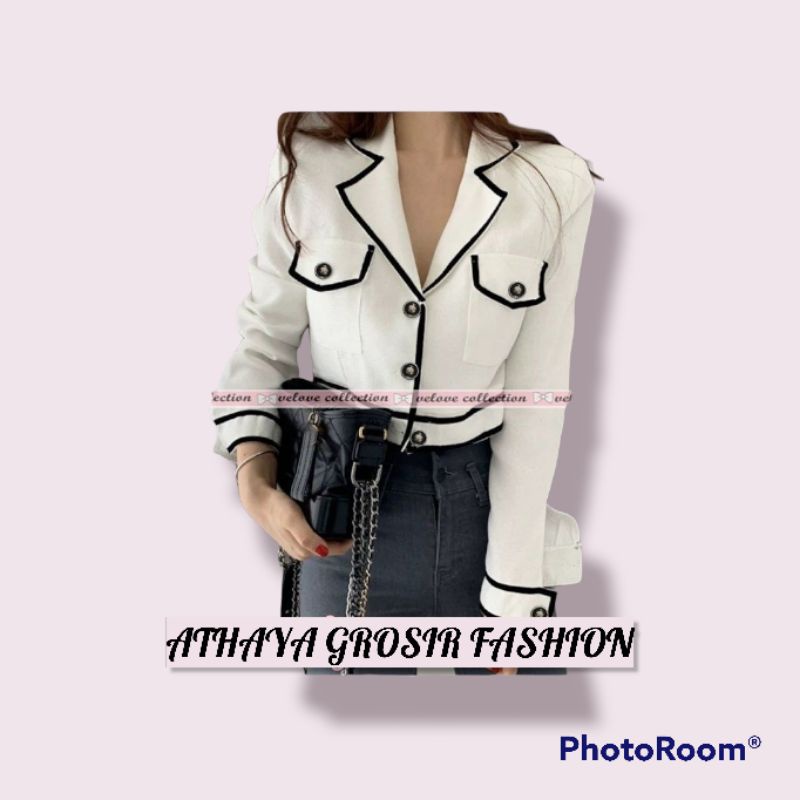 Blazer lady listen - blezer polos list hitam putih gaya korea terbaru - outer crop lengan panjang