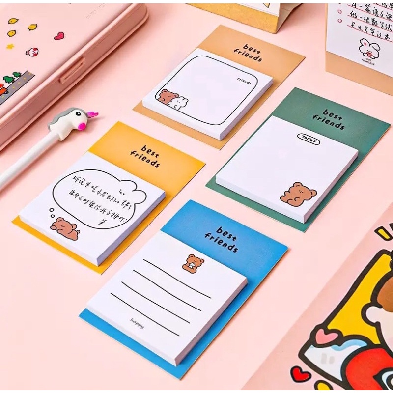 BEST FRIENDS SIMPLE STICKY MEMO INDEKS PAD BUKU CATATAN TEMPEL DINDING AESTHETIC FANCY MIX CUTE LUCU KARAKTER KARTUN HEWAN PASTEL KELINCI BERUANG ORGANIZER GRID IMPOR DESAIN ANAK PEREMPUAN MOTIF REMAJA CEWEK KOREA KAWAII PINK BOOKMARK KECIL