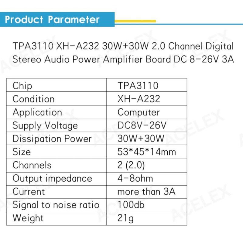 Audio Amplifier TPA3110 XH-A232 Class D 30W + 30W 2.0 DC 8-26V 3A