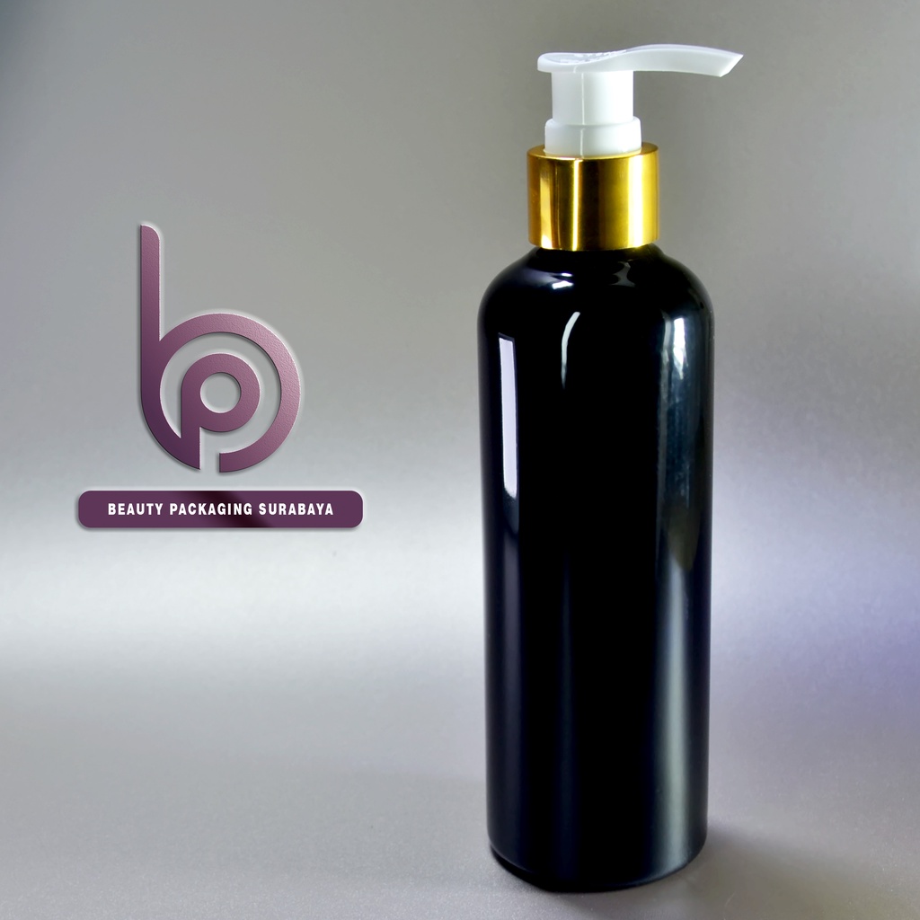 Botol plastik PET 250ml BR hitam tutup pump lotion gold