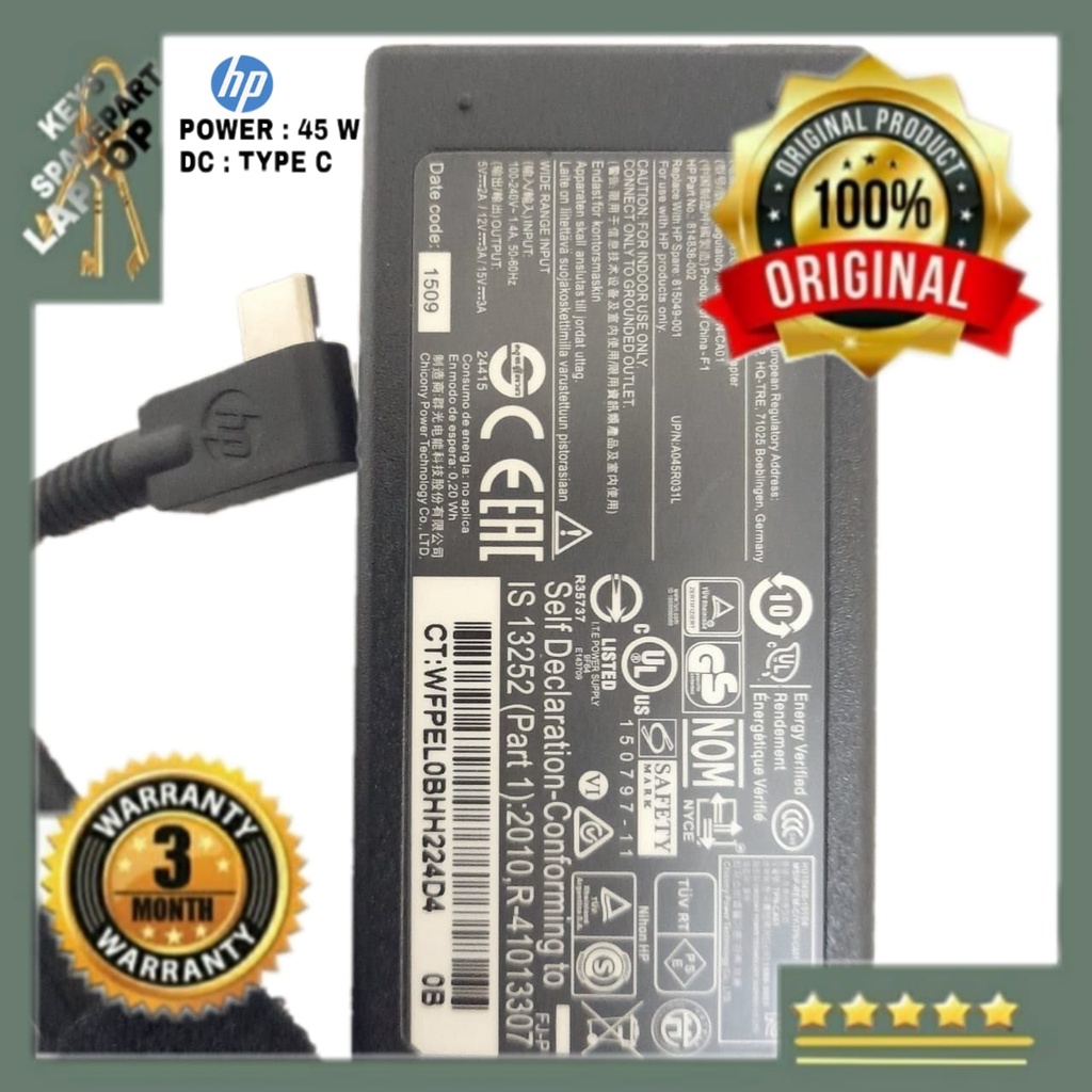 Adaptor Charger Casan Laptop HP Pavilion X2 HP ProBook 430 G7 MAX 15V 3A 45W USB TYPE C ORIGINAL