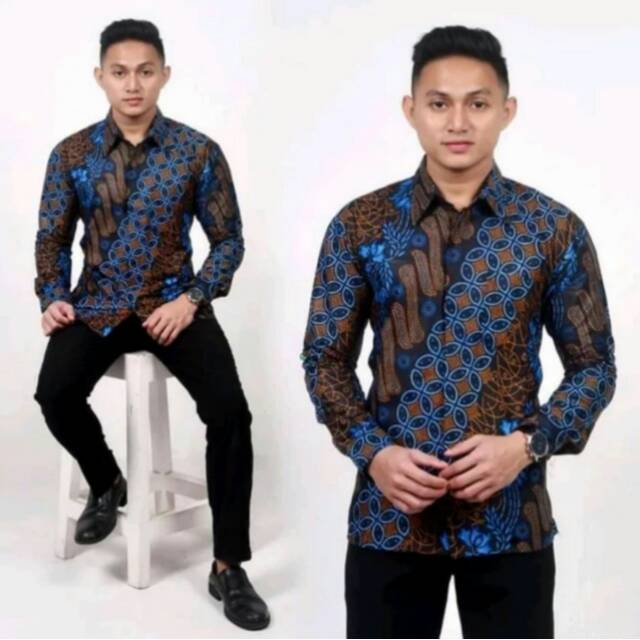 Kemeja Baju Kerja Pria Batik Sogan Biru Adem