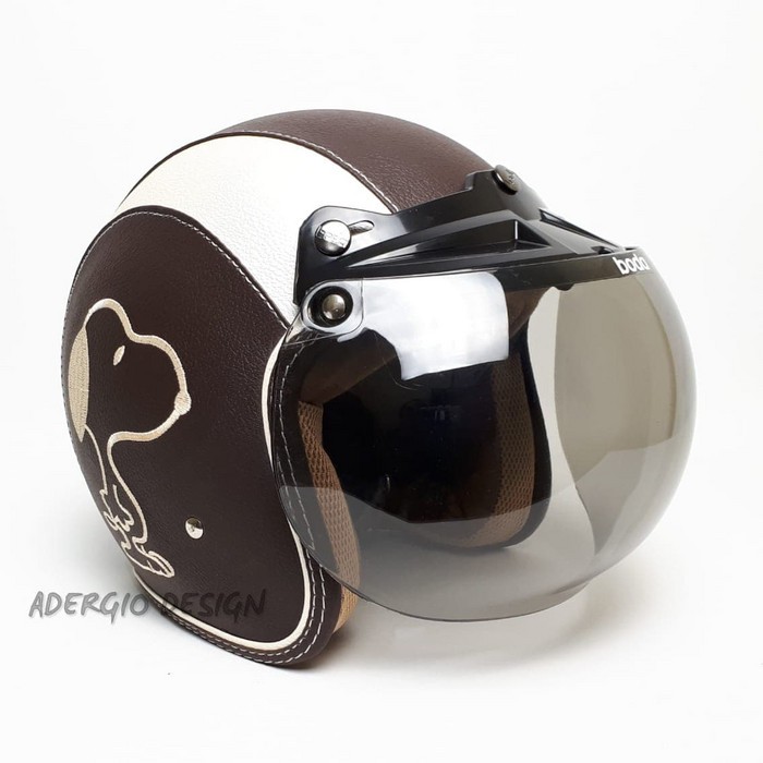SALE HELM BOGO Karakter Snoopy Coklat List Putih Full Kulit Retro Klasik - JP Smoke