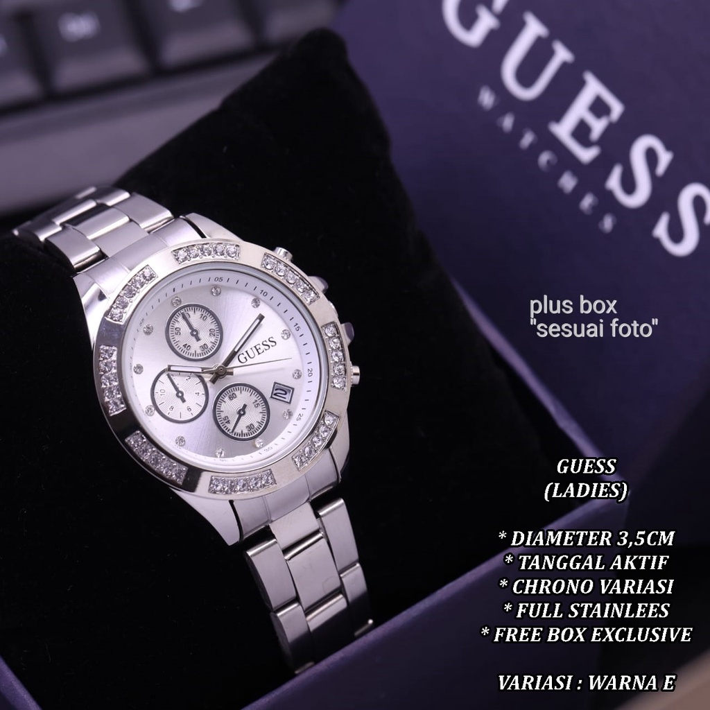 (FREE BOX) JAM TANGAN WANITA GUESS FULL STAINLEES TANGAL AKTIF CHRONO OFF