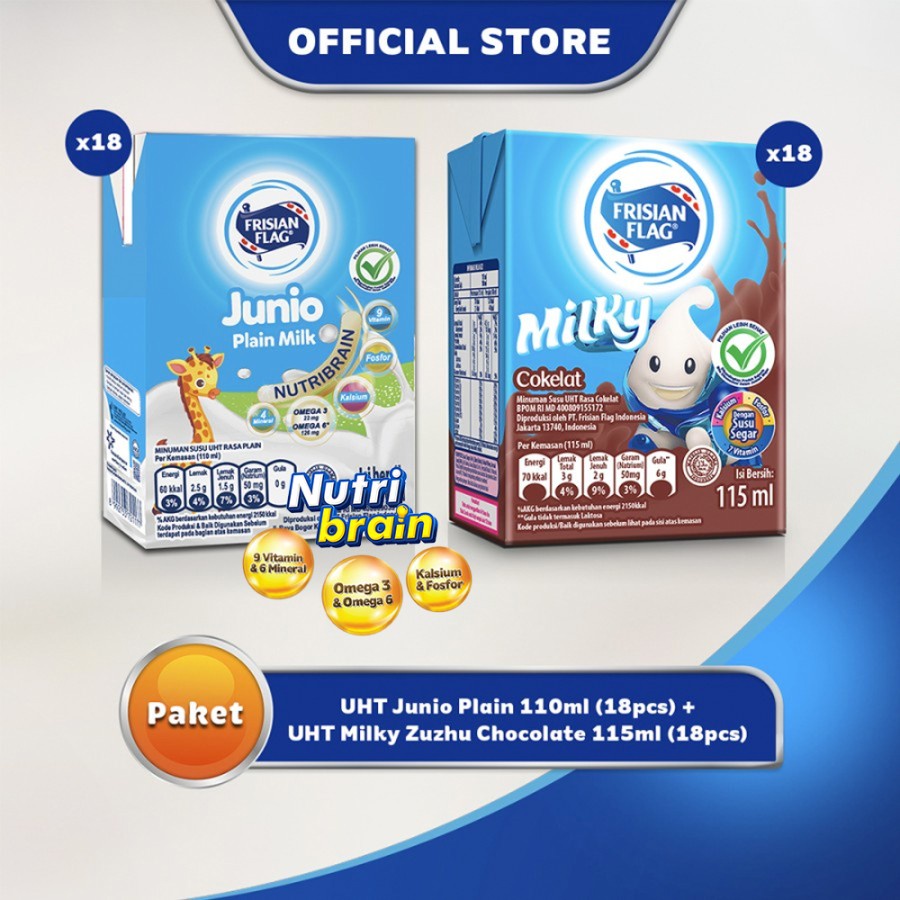

Frisian Flag Susu UHT Junio Plain[18x110ml]+Milky Choco[18x115ml]