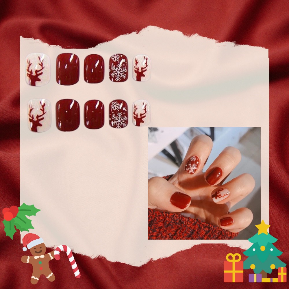 reindeer fake nails (24 pcs) / Kuku Palsu Wanita