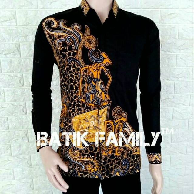 Kemeja Batik Lengan Panjang Kipas Hitam Wayang Susun Kuning Shopee Indonesia