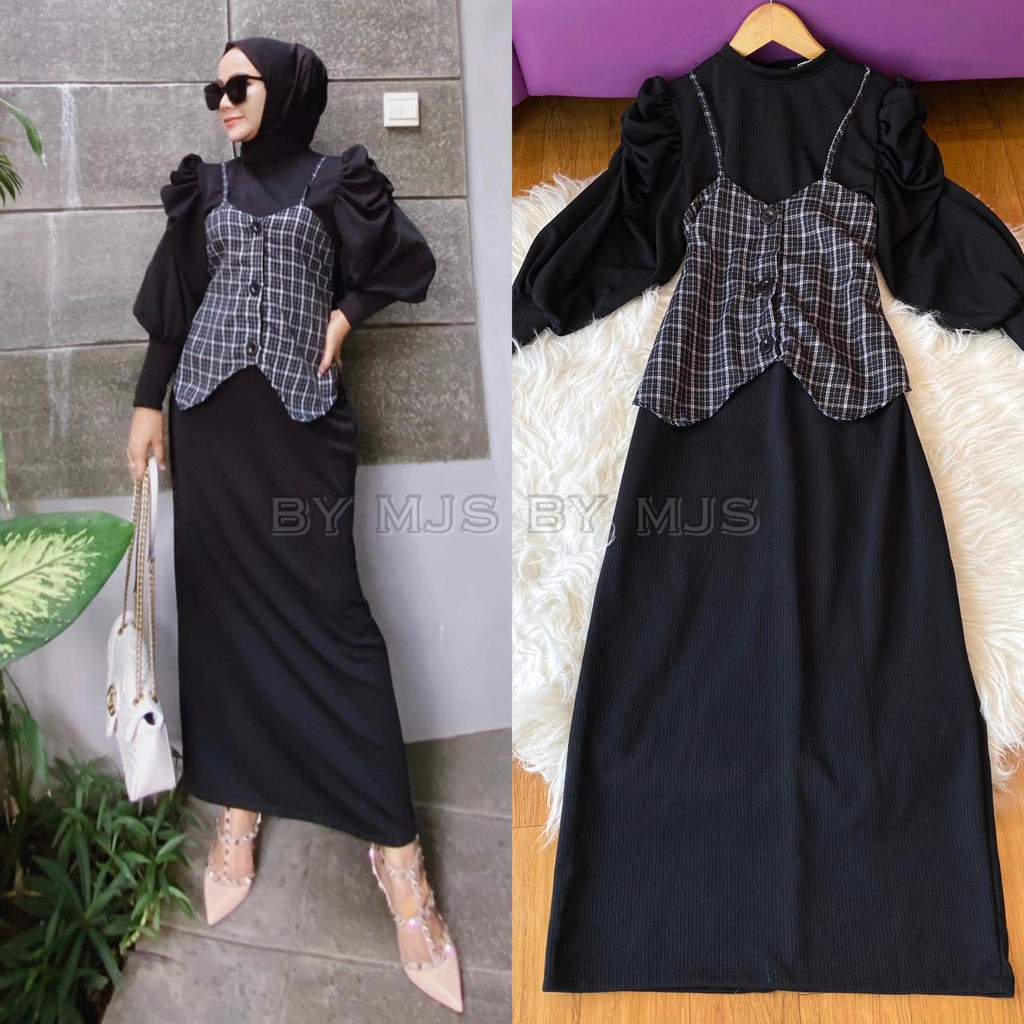 GAMIS RAJUT TANGAN BALON MIX ROMPI KOTAK // DRESS JENITA IMPORT