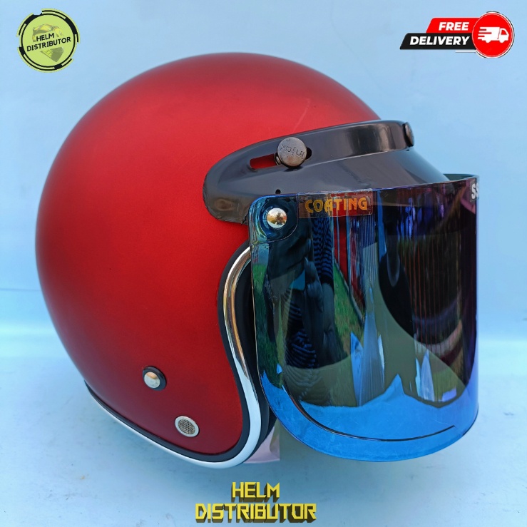 HELM BOGO DEWASA KACA DATAR BIRU DAN GOLD, LIS CHROME KUALITAS PREMIUM, UNTUK PRIA DAN WANITA. COD