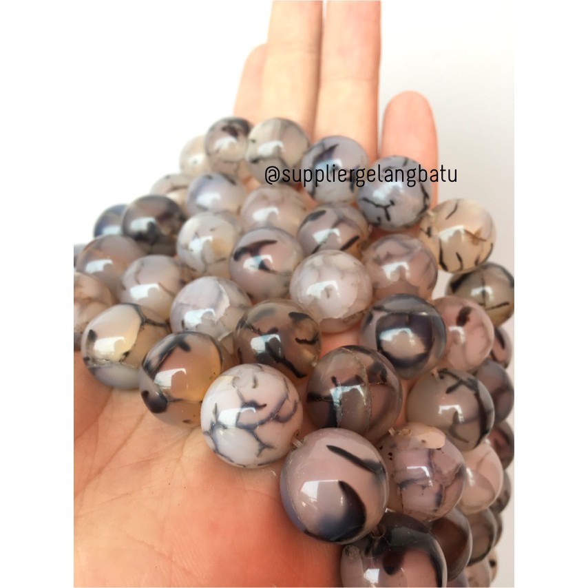 batu gelang kalung 16mm RHODOLITE glossy Dalmantion black white natura aksesoris fashion kerajinan