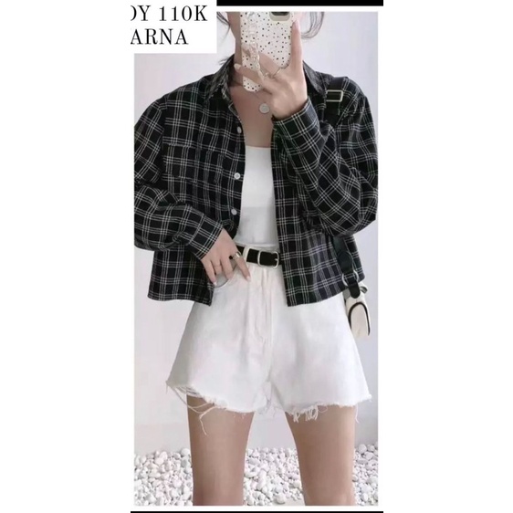 RD FASHION KEM ARNA / KEMEJA CROP LENGAN PANJANG TARTAN / KEMEJA KOTAK OVERSIZE CROPTY / CROP TARTAN SHIRT