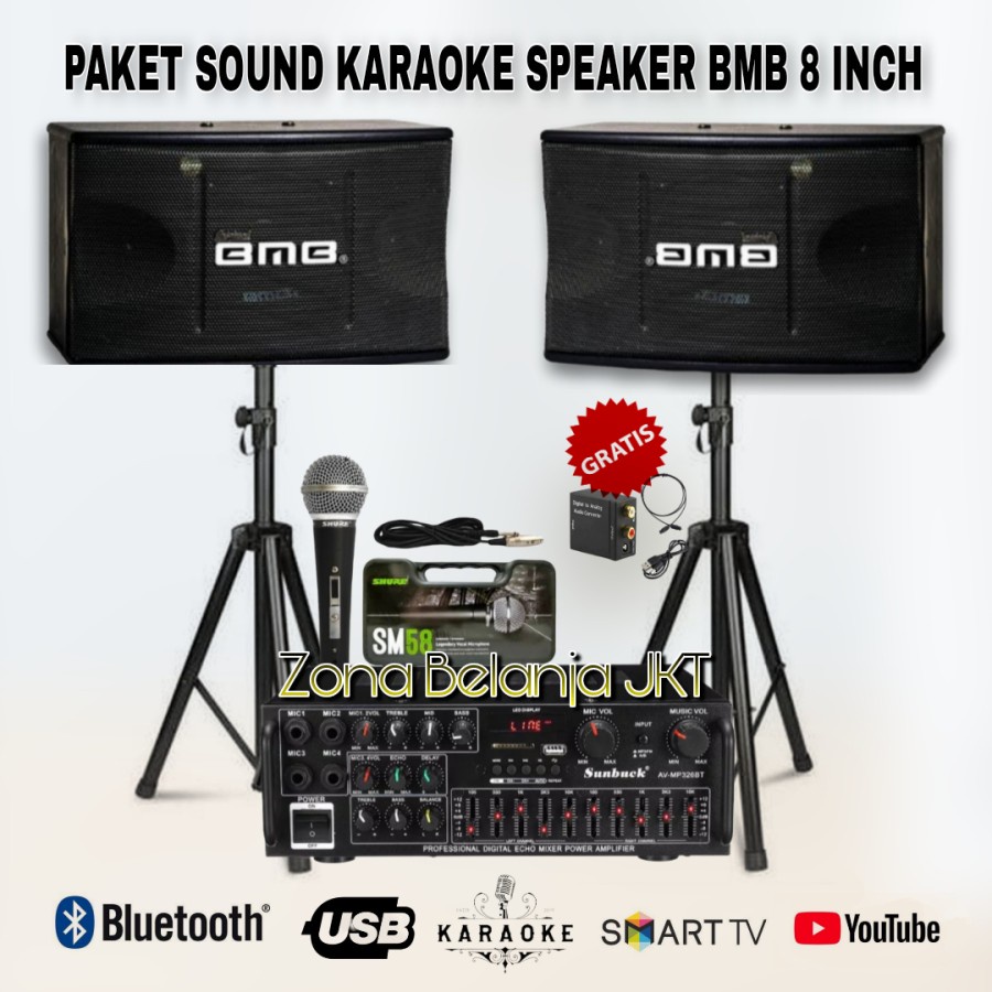 PAKET KARAOKE SOUND SYSTEM BMB SPEAKER 8 INCH AMPLI USB BLUETOOTH MIC ORIGINAL ( B-2 )