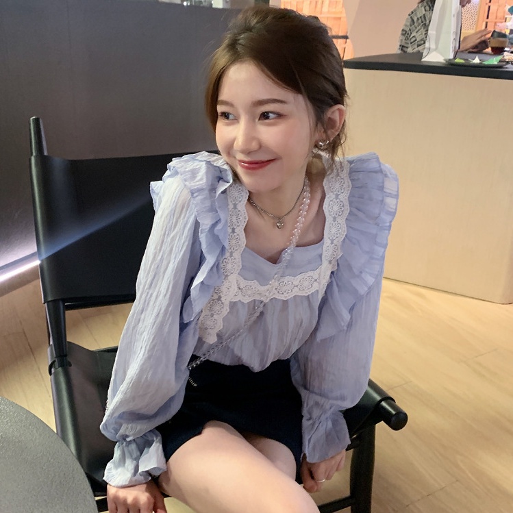 MOOGU ♡ Blus jahitan renda leher persegi temperamen wanita top