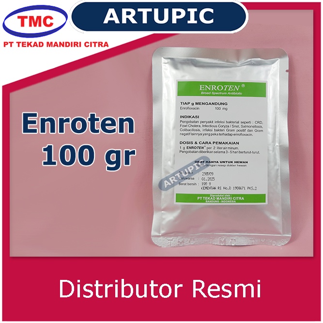 Enroten 100 gr Obat Hewan Flu Batuk Sakit Pencernaan Snot CRD Komplex Pernafasan Unggas ENROFLOXACIN Kelompok Fluoroquinolone ampuh membunuh mikroorganisme penyebab penyakit pada unggas Ecoli Haemophilus Salmonella Pasteurella Streptococcus Staphylococcus